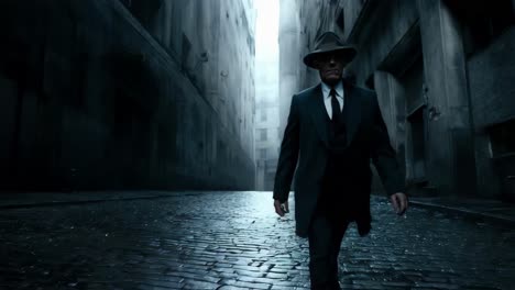 man in a vintage suit walking a city alley