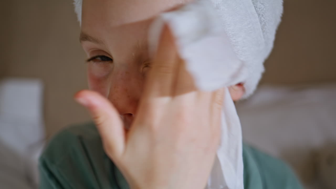 Beauty kid applying toner skin closeup. Small girl cleansing face looking camera