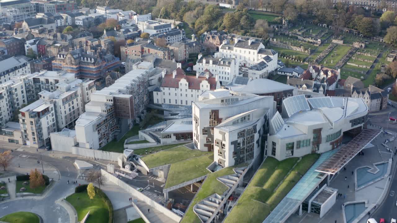 Flying directly over the Holyrood Scottish Parliament building and gardens | Edinburgh, Scotland | 4K at 30fps