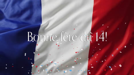 french flag with confetti and happy 14th day text animation