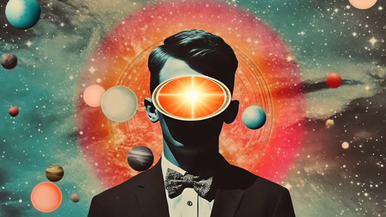 Surreal video concept with a cosmic theme. A frontal angle shows a suited figure with a glowing eye