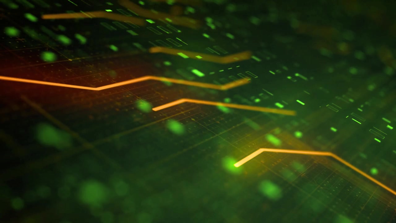 Abstract Digital Circuit Board with Glowing Green and Orange Data Flow