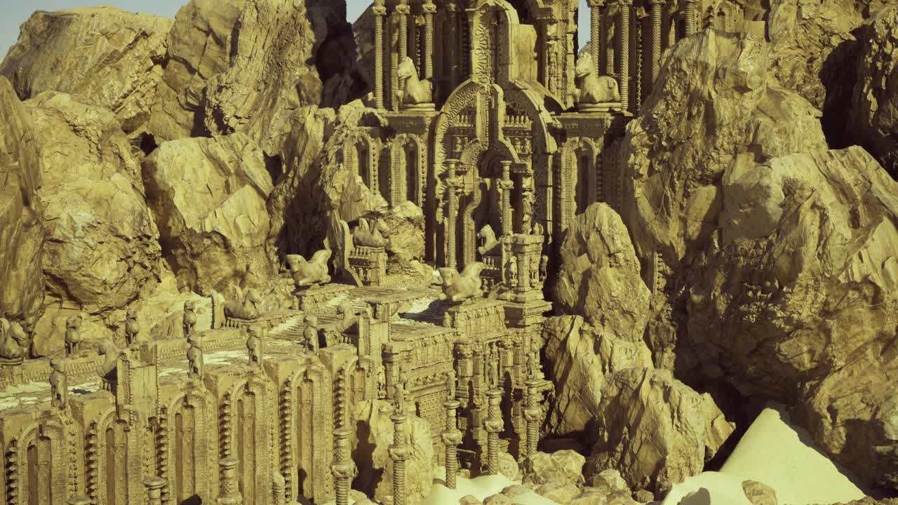 Corridoio di un santuario nascosto con supporti intricati e luce soffusa