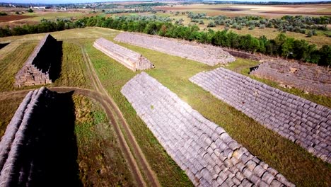 aerial view of big stacks from hay bale