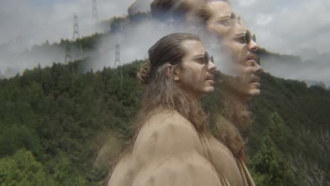 close-view-of-man-walks-with-a-forest-in-the-background,-heading-towards-a-house