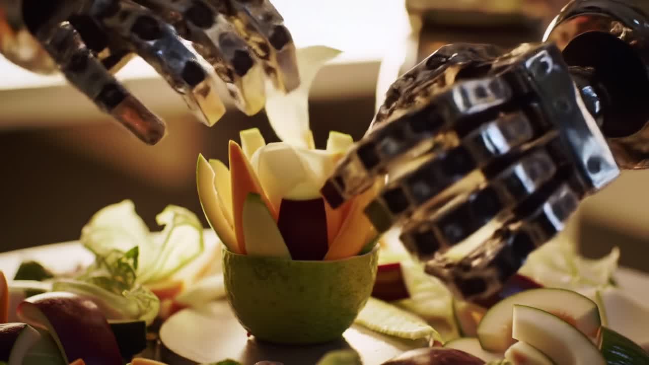 A Robotic Hand Skillfully Crafts a Unique Fruit Arrangement, Blending Technology and Culinary Art in a Vibrant Display of Fresh Produce