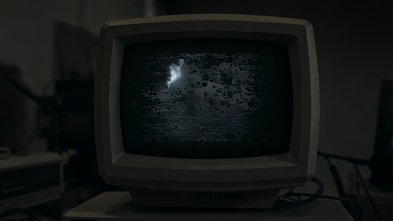 Powering CRT monitor in dim home office displaying flickering white blur, with deck speaker cables