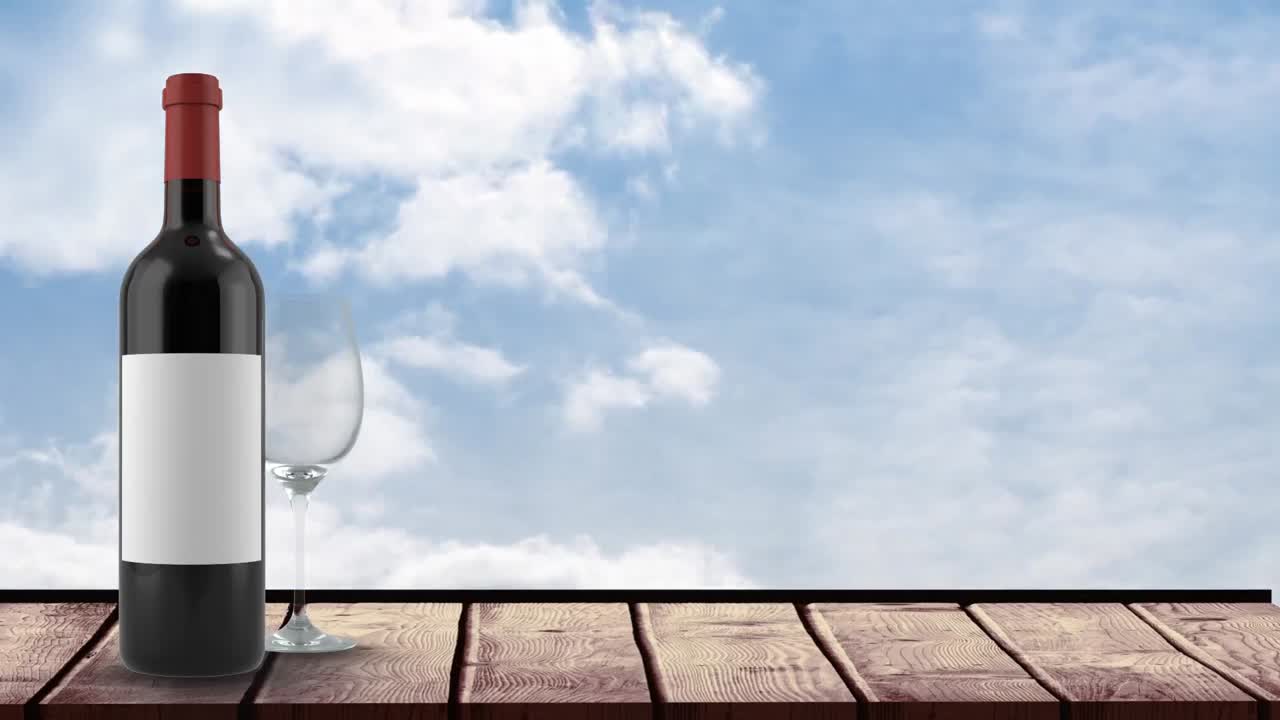 animación de una botella de vino tinto sobre un fondo con nubes