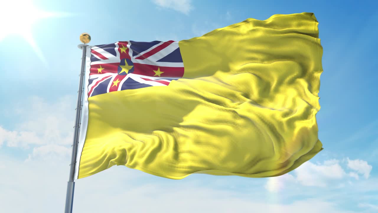 깊은 파란 하늘을 배경으로 바람에 흔들리는 국기. 국가 테마, 국제 개념. 3d 렌더리 원활한 루프 4k