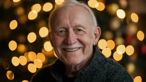 elderly man with white hair and a gray sweater smiles broadly, his face illuminated by the warm glow of christmas tree lights in the background