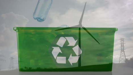 animación de un cartel de reciclaje verde sobre una caja con botellas de plástico y una turbina eólica
