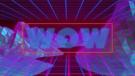 animation of wow text over colorful digital landscape on moving colorful grid