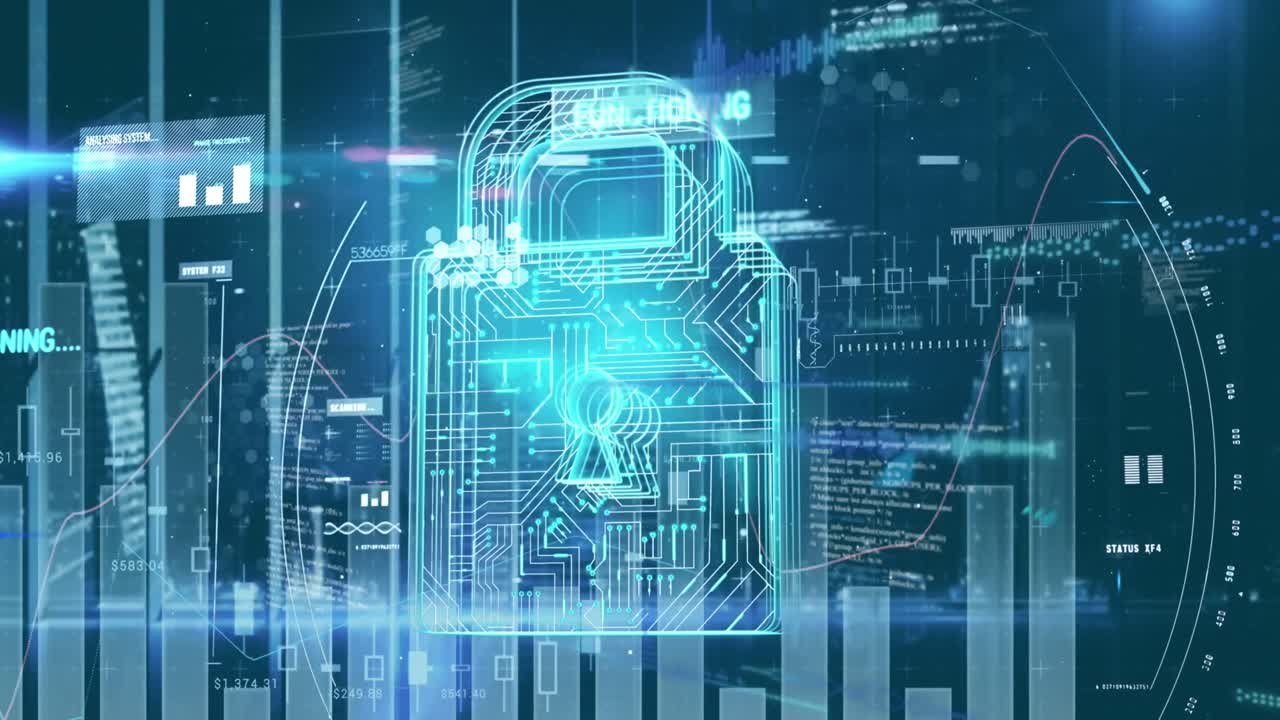 animación de la placa madre brillante que forma el símbolo del escudo sobre el procesamiento de datos