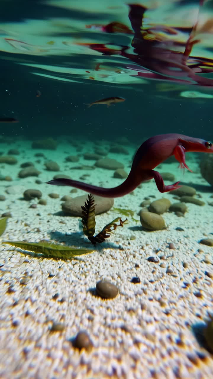 Salamandra roja bajo el agua