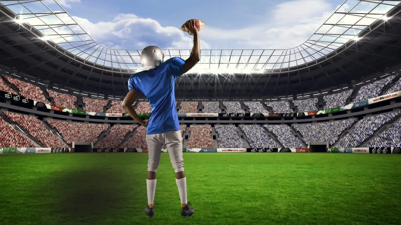 스포츠 경기장 위의 아메리칸  ⁇ 볼 선수의 애니메이션