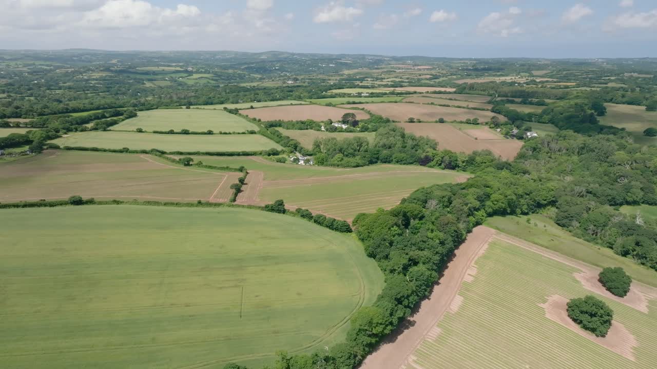 Patchwork fields surrounded by hedgerows to the horizon with clear blue sky and fluffy clouds. Summer, Cornwall, UK.