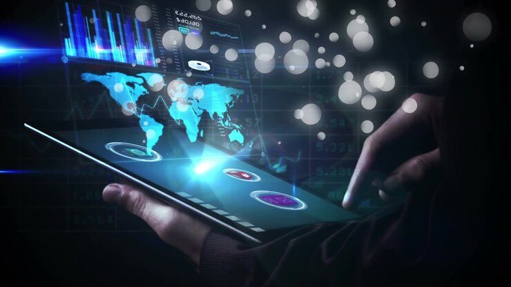 Right finger tapping tablet while left hand holding, showing 3D map and charts, selecting data