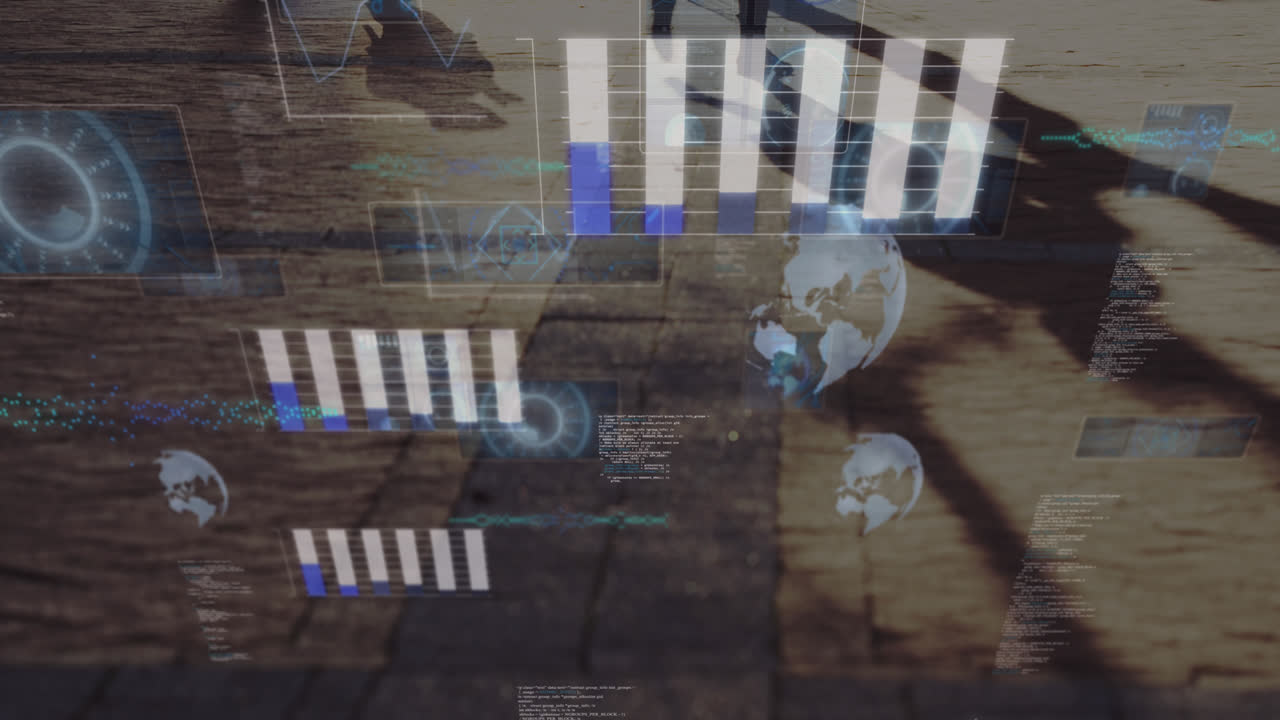 animación de radares, globos, gráficos, lenguaje informático sobre la sección baja de personas que caminan por la calle