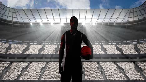 animación de un jugador de baloncesto sosteniendo la pelota sobre un estadio deportivo