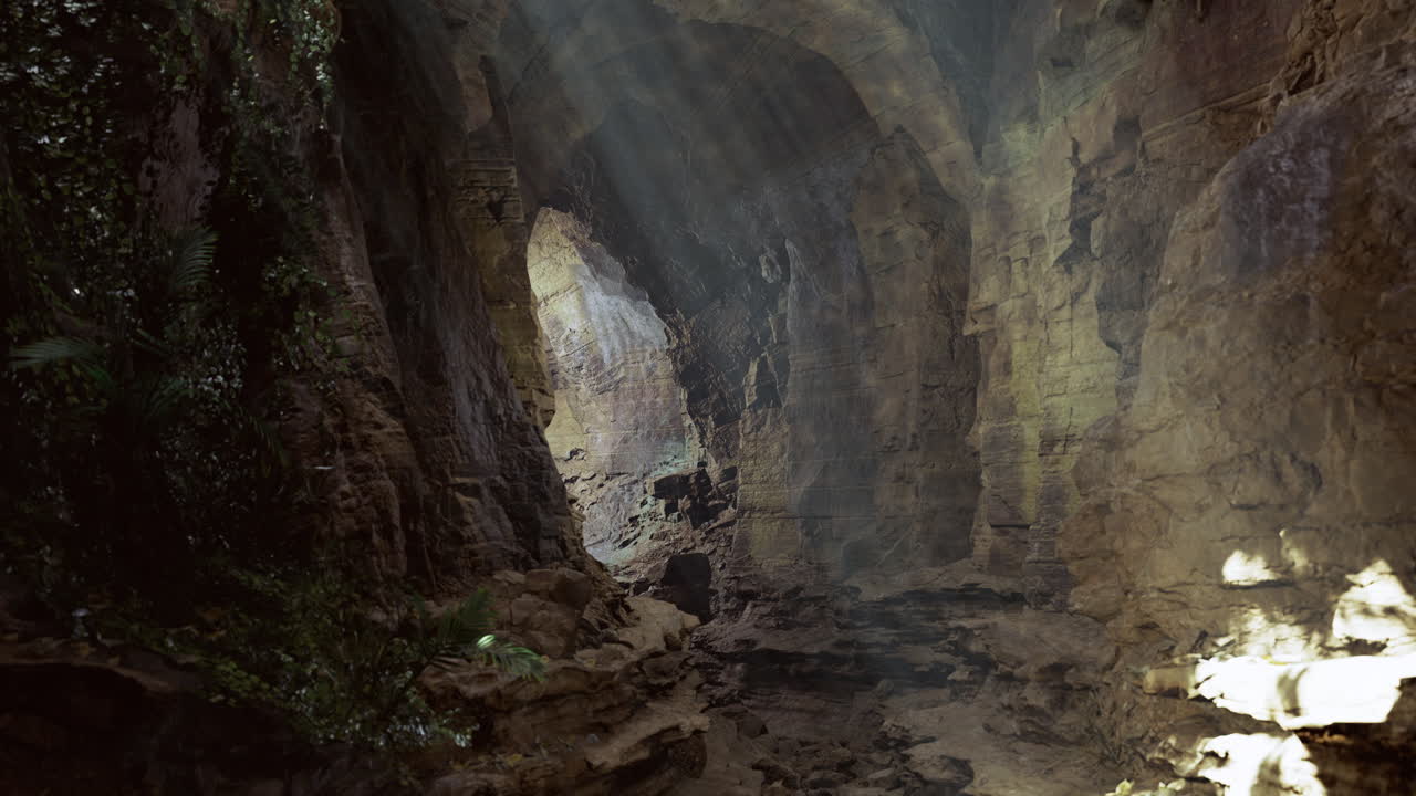 Stunning cave interior with sunlight beams illuminating rocky walls