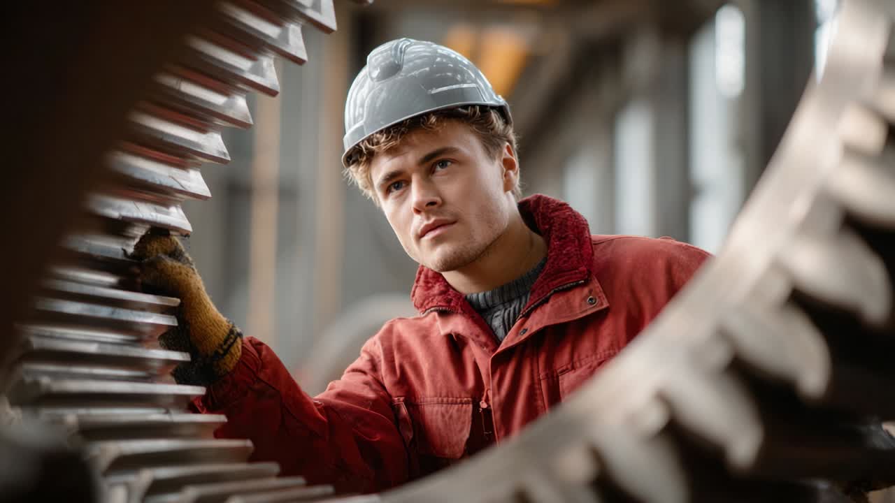 Engineer Inspecting Gear Mechanism