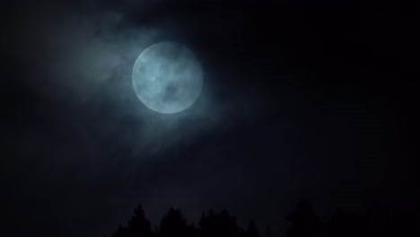 amazing full moon rising above treetop silhouette with dark moody clouds passing in front