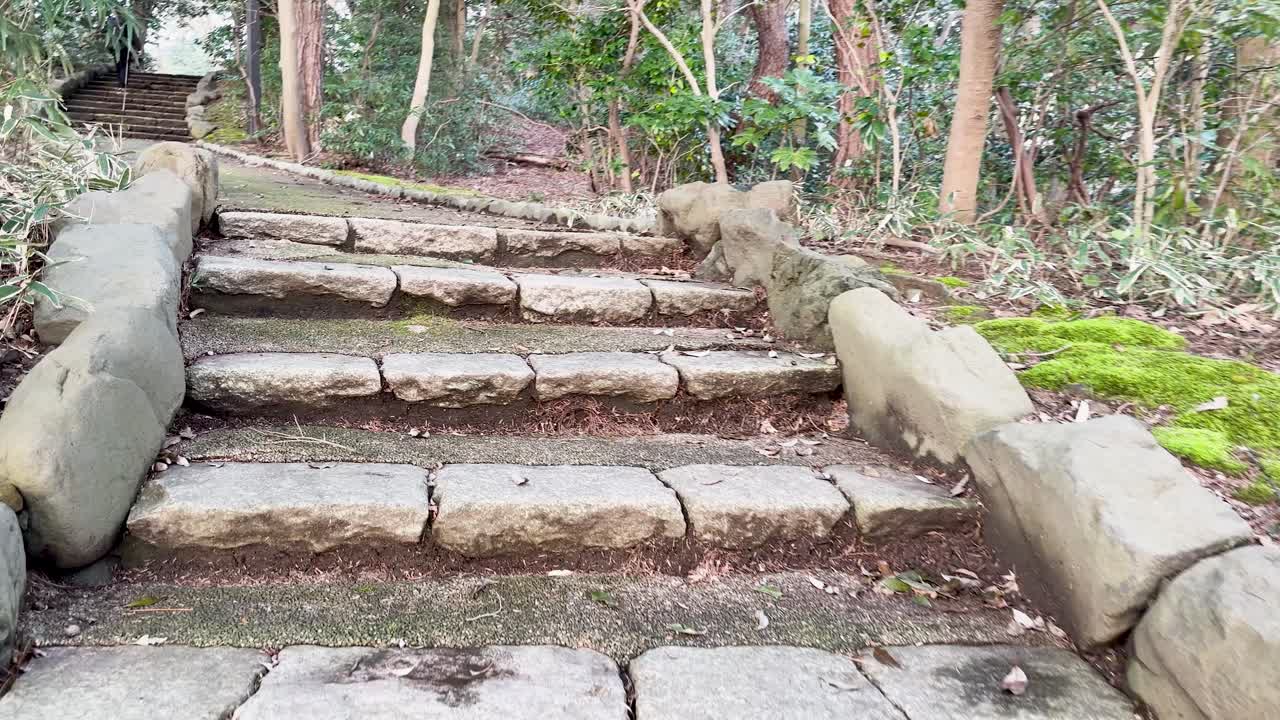 Camera moves slowly up weathered granite steps in a traditional Japanese garden with lush moss