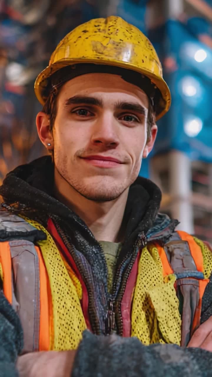 Un giovane e sicuro lavoratore con dispositivi di sicurezza mostra la sua professionalità e dedizione al mestiere in un ambiente industriale con uno sfondo vivace
