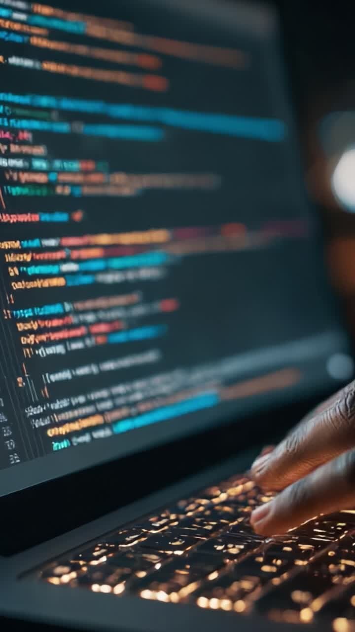 A Close-Up View of a Programmer's Hands Typing Lines of Code on a Laptop with Colorful Syntax Highlighting, Showcasing the Art of Software Development and Debugging