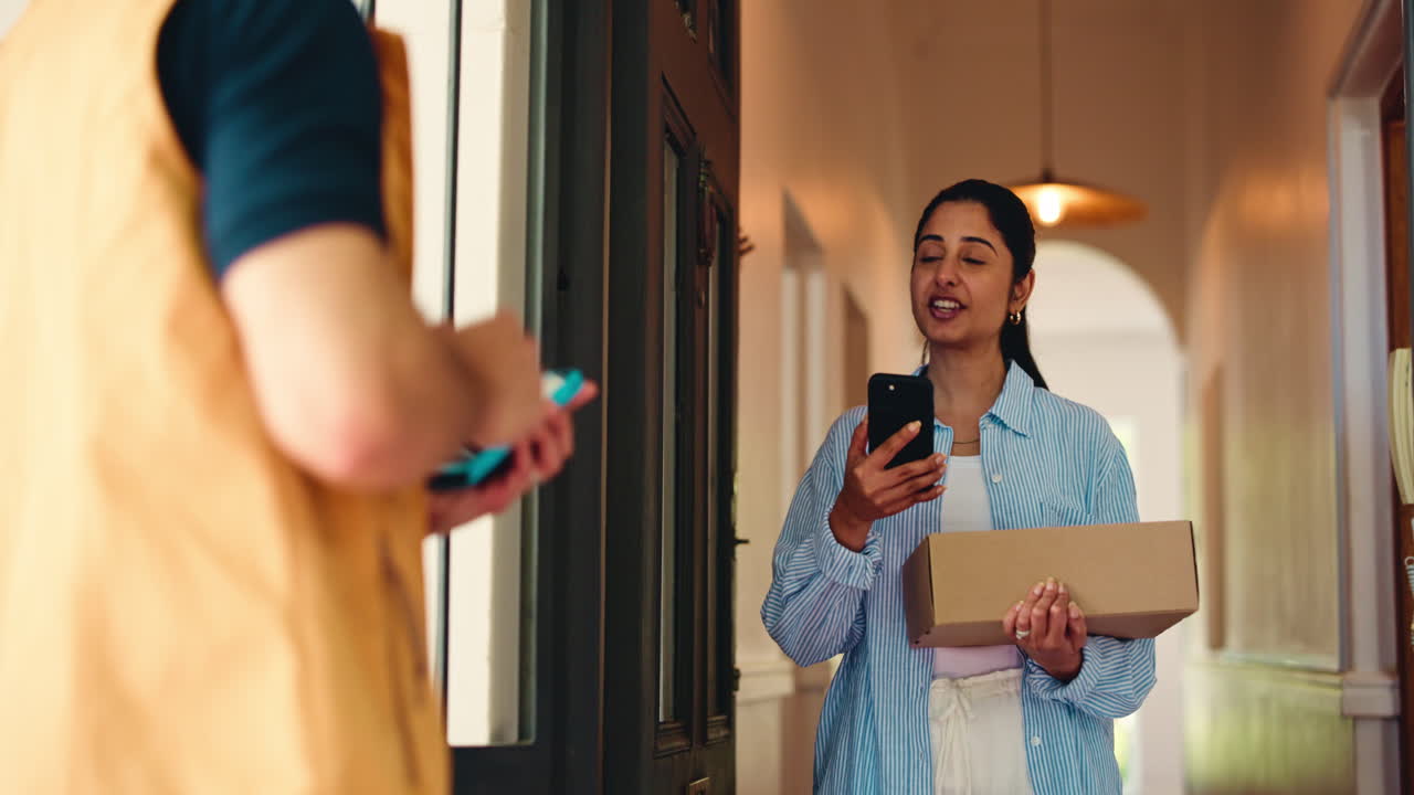 Woman Receiving Package from Delivery Person at Home