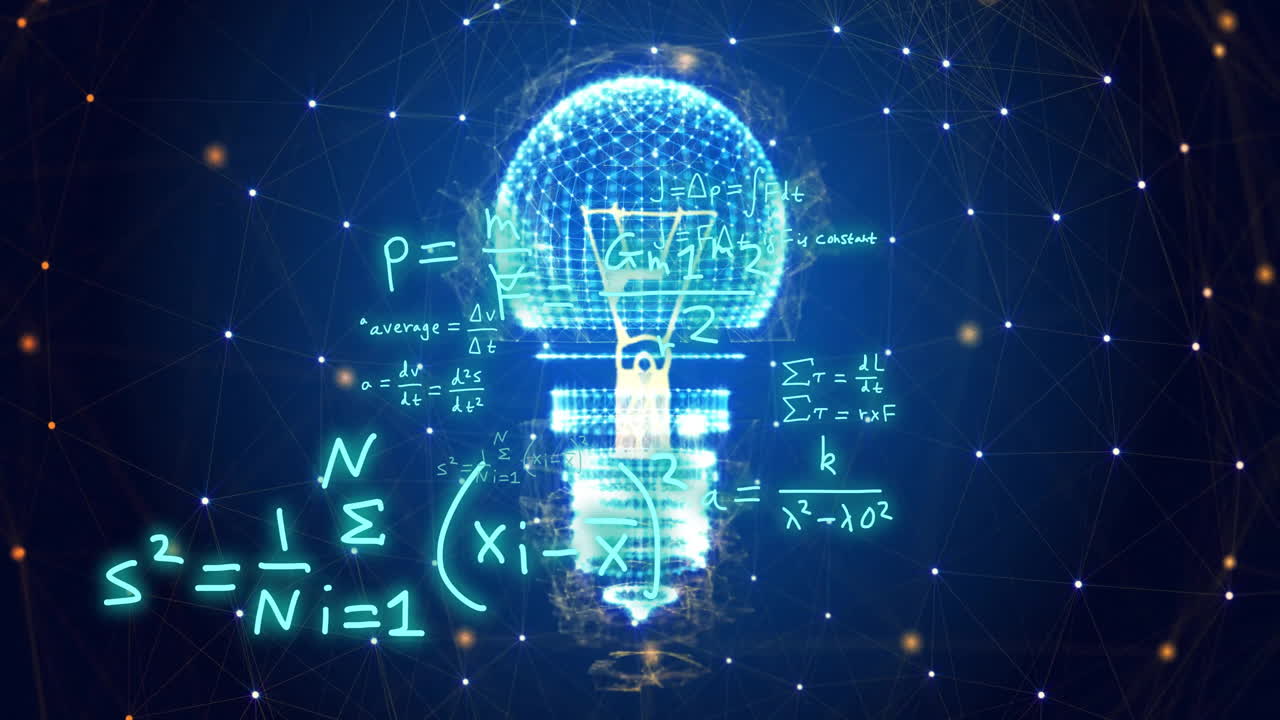 Animation of scientific data processing over lightbulb on black background
