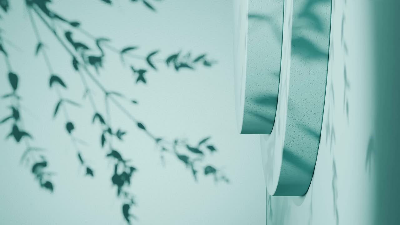 Round vertical podium casting leaf shadows on green background. Minimal studio setup. Nature and product presentation concept. Design for poster, banner, header, card. Vertical with copy space.