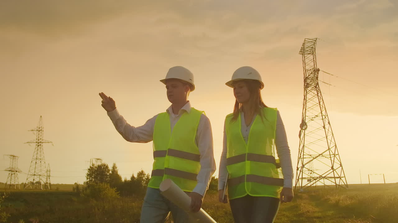 un electricista masculino y femenino en los campos cerca de la línea de transmisión de energía. es un electricista que gestiona el proceso de erección de líneas eléctricas. el mecánico con un casco y el gerente con una tableta