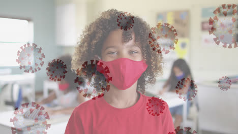 animation of covid 19 cells and schoolchild in classroom wearing face mask