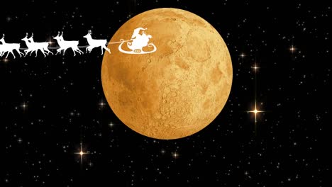 Animation-of-santa-claus-in-sleigh-with-reindeer-over-moon-and-stars