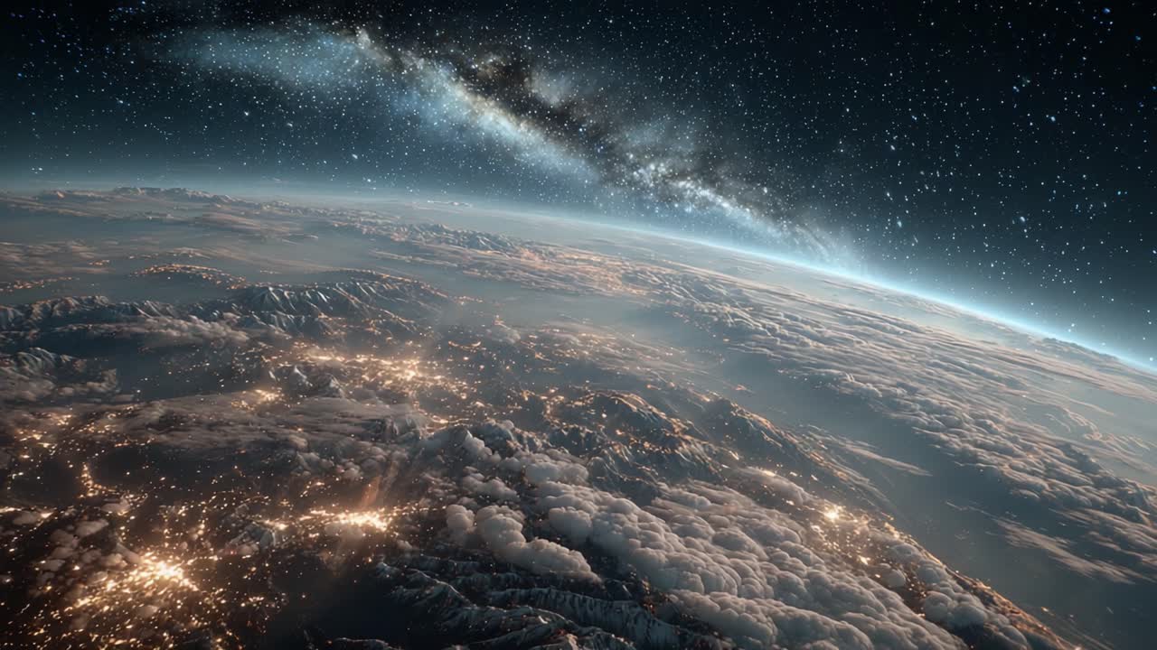 A Stunning Perspective of Earth Against the Cosmic Backdrop, Capturing the Beauty of Nighttime City Lights and the Majestic Milky Way Galaxy Above