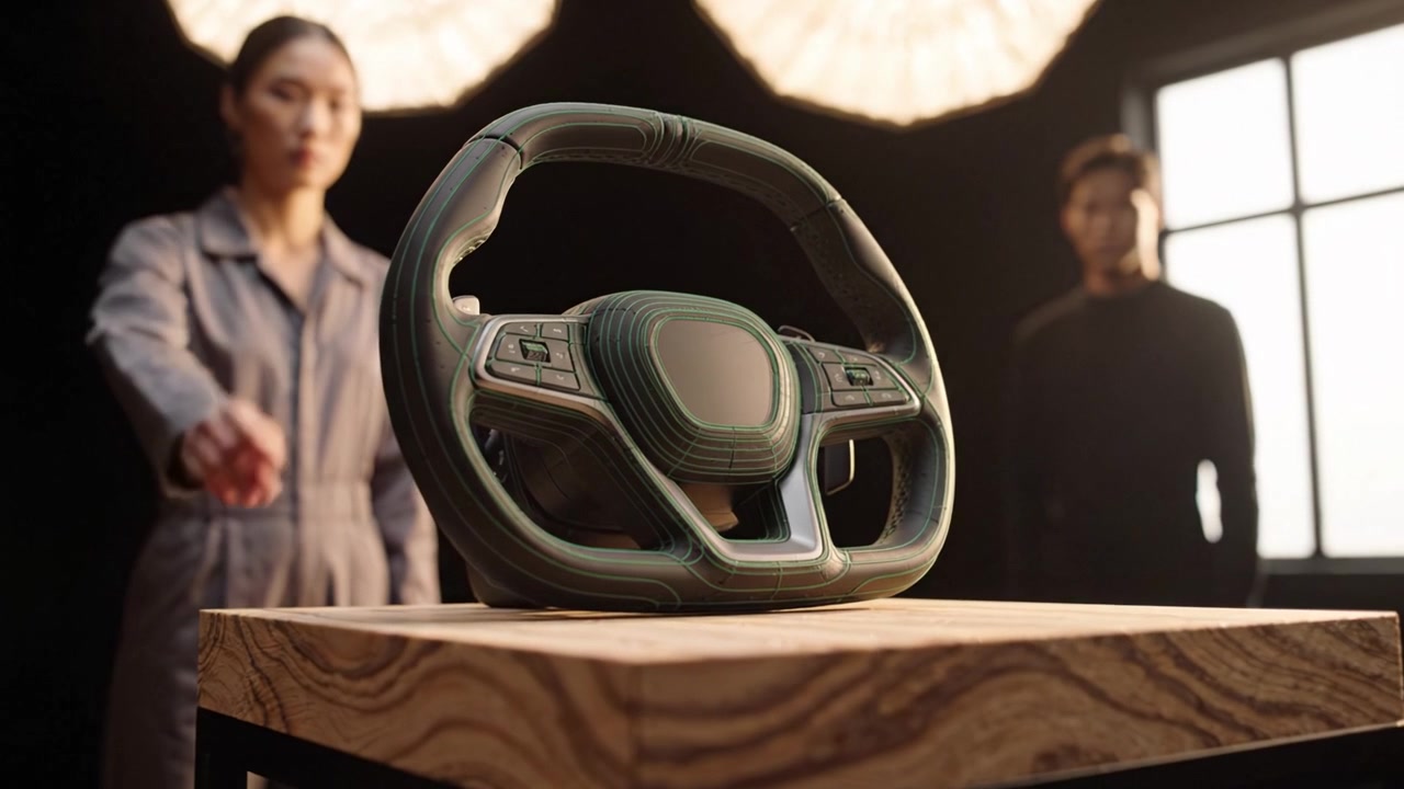 Innovativt rattdesign: En elegant blanding av teknologi og ergonomi vist frem i et studio med engasjerte observatører