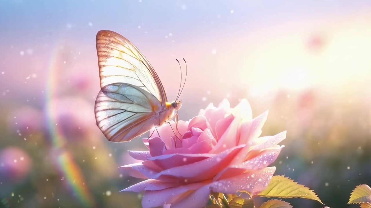 Bella farfalla posata su una rosa rosa rugiadosa sotto la luce dorata del sole