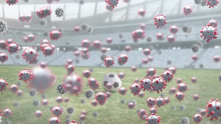 Animazione di cellule virali su un campo da calcio in uno stadio