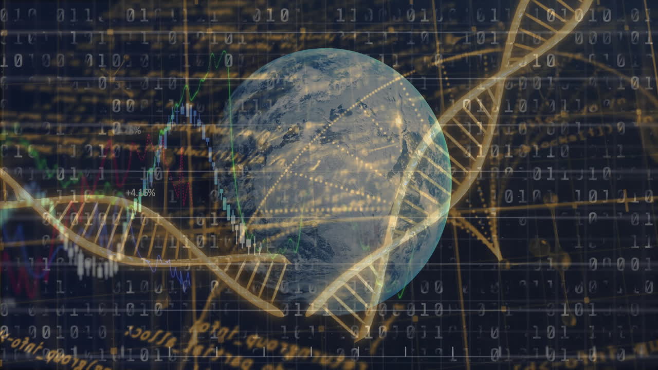 Earth globe floating, streaming binary code, network points, fluctuating data, weaving DNA helix