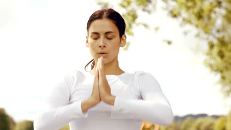 pretty brunette doing yoga in park