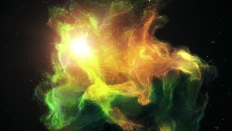 nebulosa o galaxia de ciencia ficción de color amarillo y verde con un sol brillante flotando en el universo espacial interestelar profundo exterior con un campo estelar en el fondo