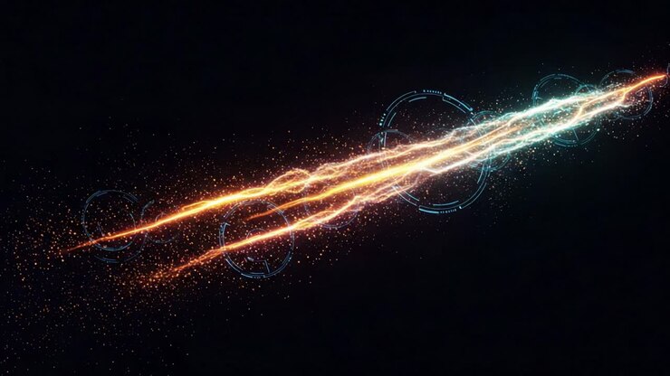 Dynamisk Energibølge: En Imponerende Visualisering af Flerfarvede Lynnedslag med Omgivende Digitale Effekter og Gnister