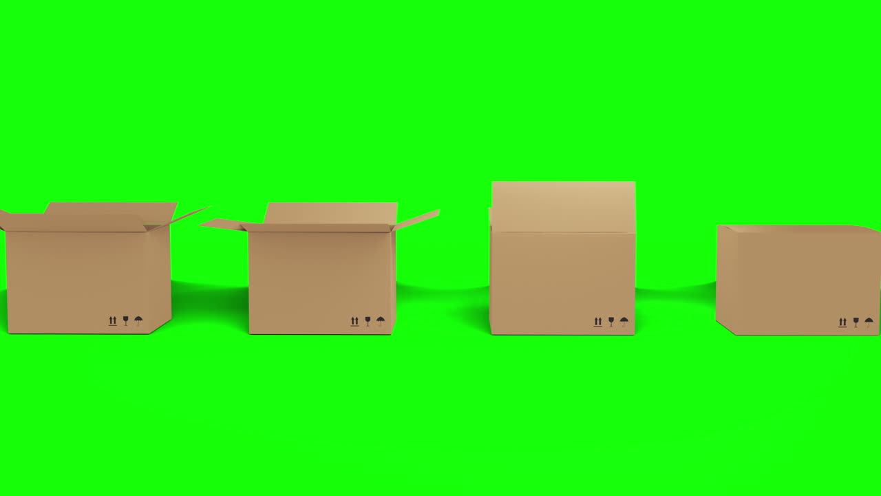 Seamless row of brown cardboard boxes with lids closing on green background