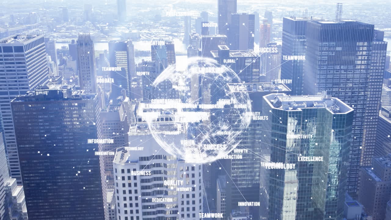 도시 풍경 위의 지구와 연결된 네트워크의 애니메이션