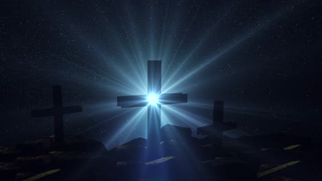 a cross on the rocks and an optical flare with a star background at night