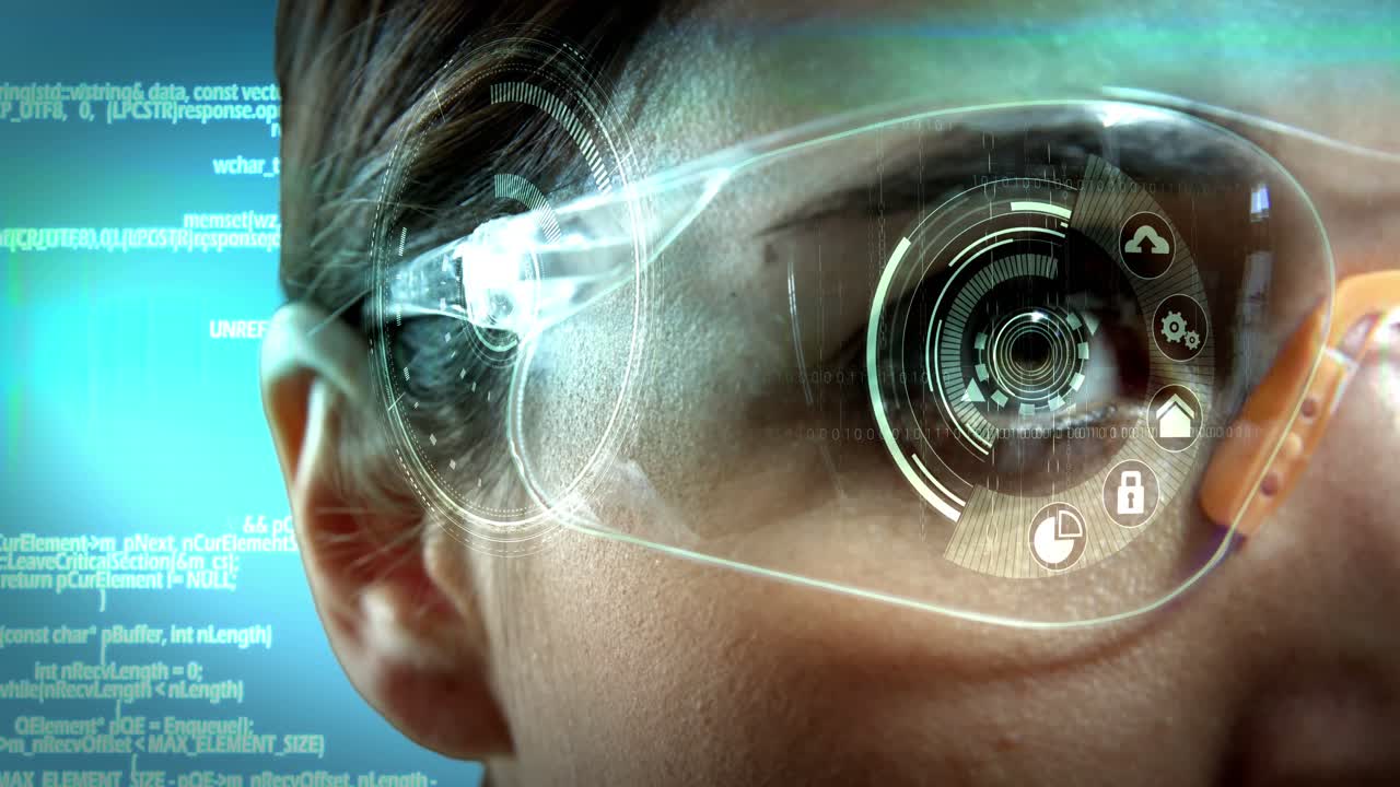 donna d'affari che usa occhiali di realtà virtuale