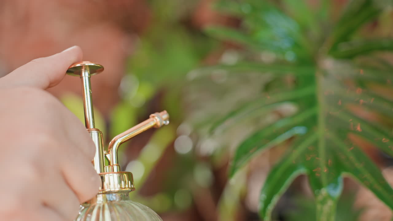 Fleuriste caucasienne s'occupant de plantes d'intérieur luxuriantes avec un brumisateur en verre et une pompe en laiton, femme mûre en tablier stylisant la verdure de la boutique, mains délicates, gouttelettes sur les feuilles, ambiance de boutique rustique et chaleureuse.