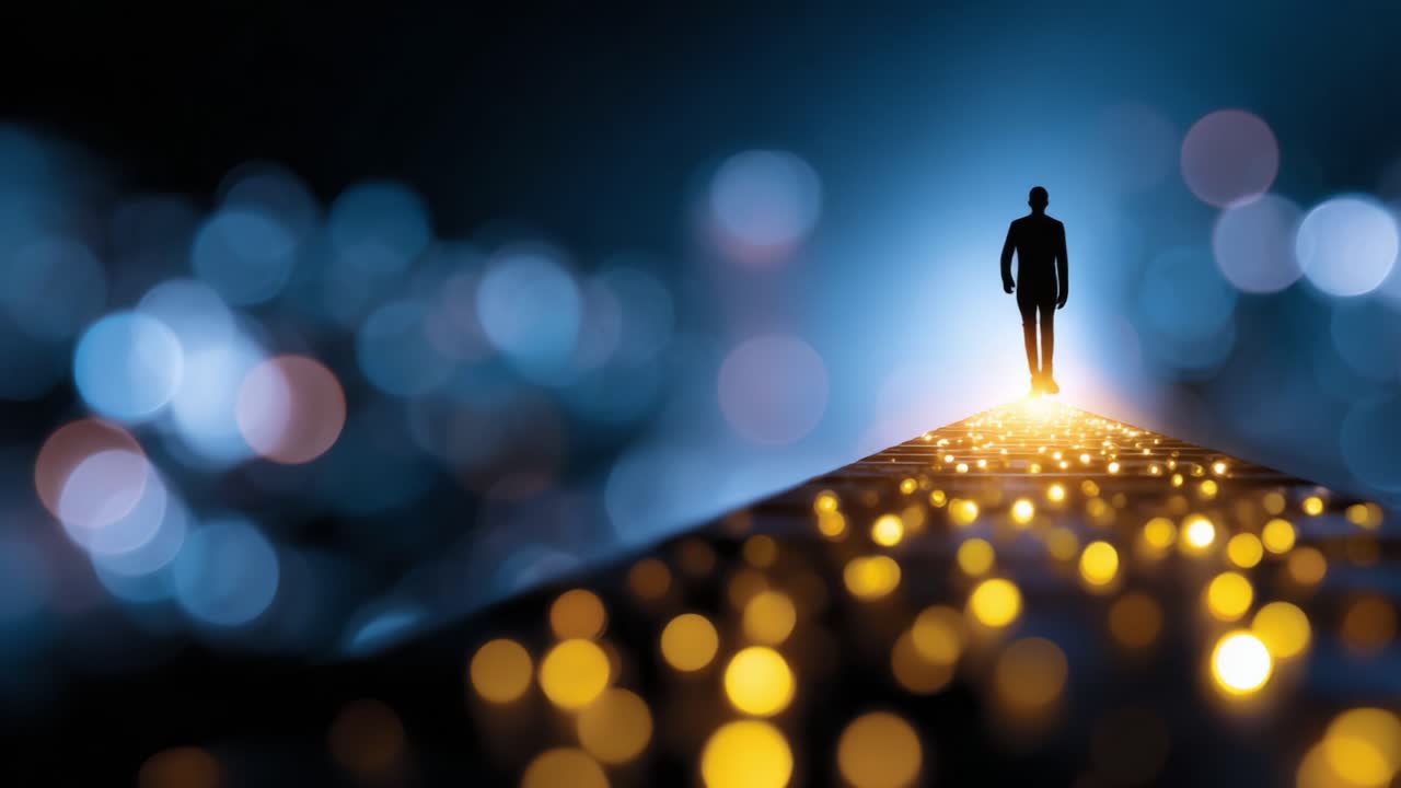 Una figura solitaria percorre un sentiero illuminato da luci scintillanti, a simboleggiare il viaggio, l'esplorazione e la scoperta di sé sullo sfondo di una notte da sogno