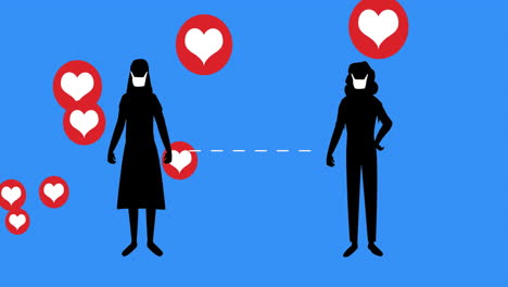 múltiples iconos de corazón que se mueven contra la mujer que usa una máscara facial manteniendo la distancia social